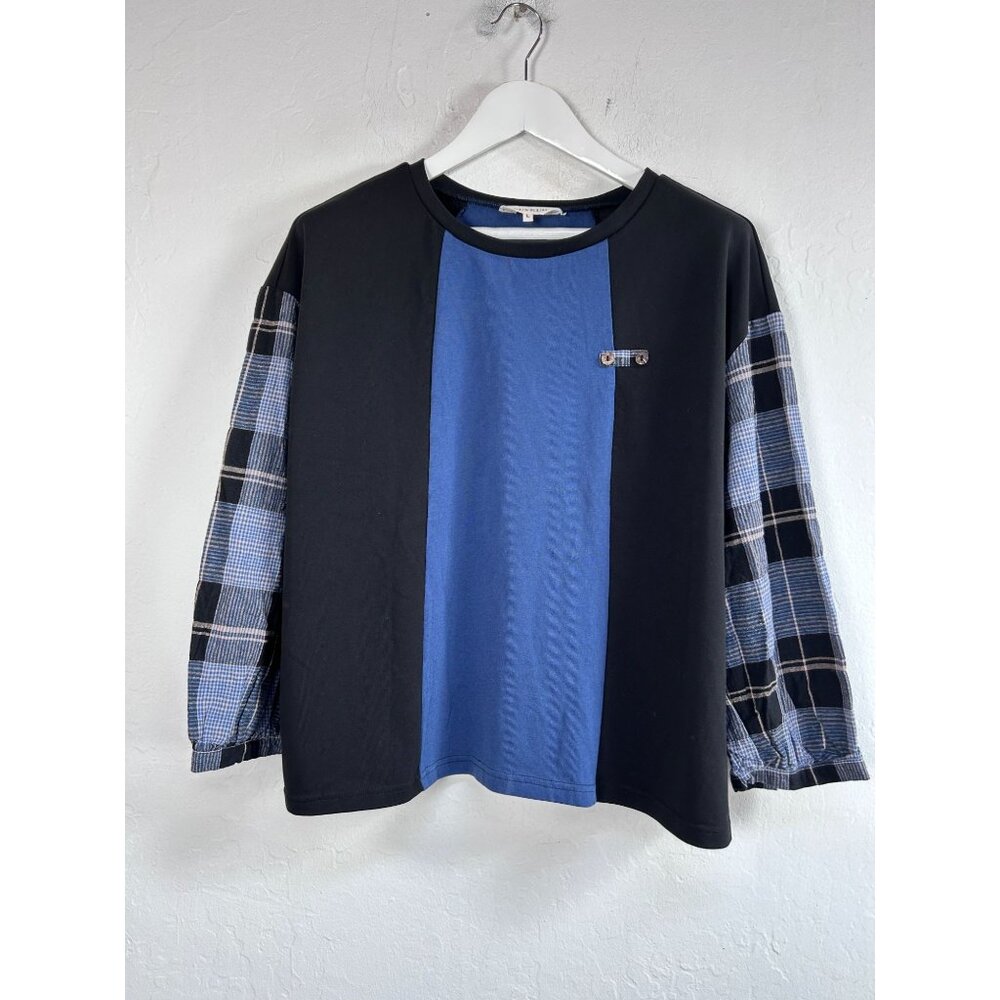 Buykud Womens Plaid Patchwork Long Sleeve Top Large Black & Blue Cotton Blend